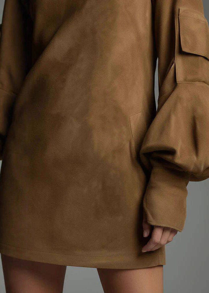 Vintage Brown High Neck Faux Suede Mid Dress Lantern Sleeve