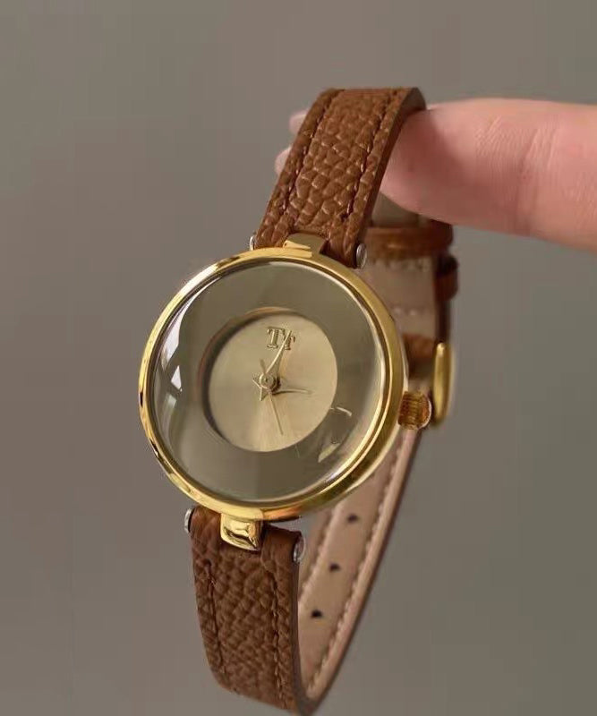 Vintage Brown Leather Alloy Hardlex Crystal Watches
