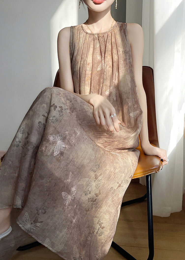 Vintage Brown O Neck Print Cotton Long Dress Sleeveless