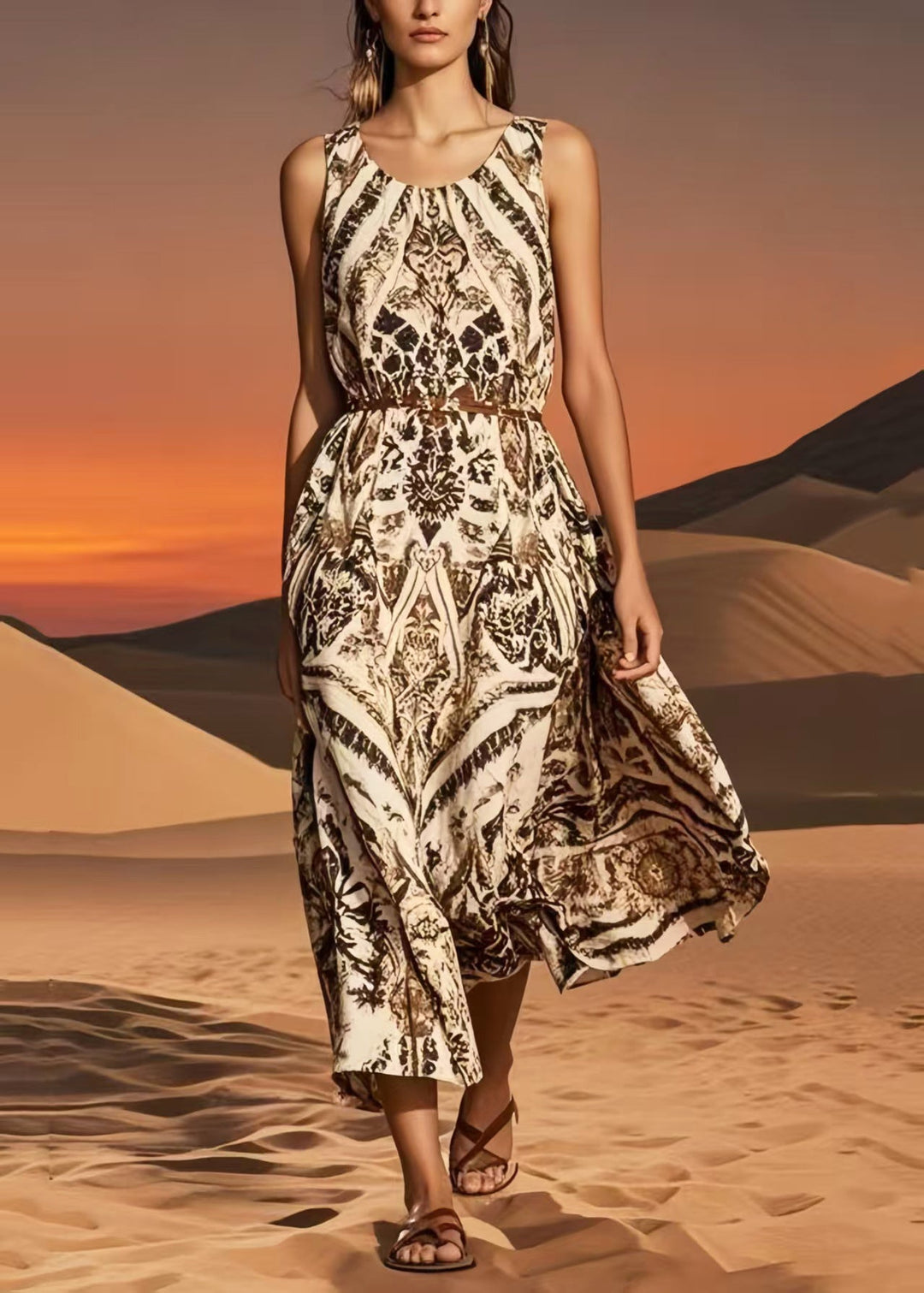 Vintage Brown O-Neck Print Cotton Sundress Summer