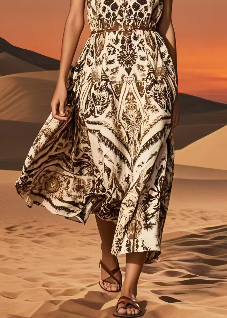 Vintage Brown O-Neck Print Cotton Sundress Summer