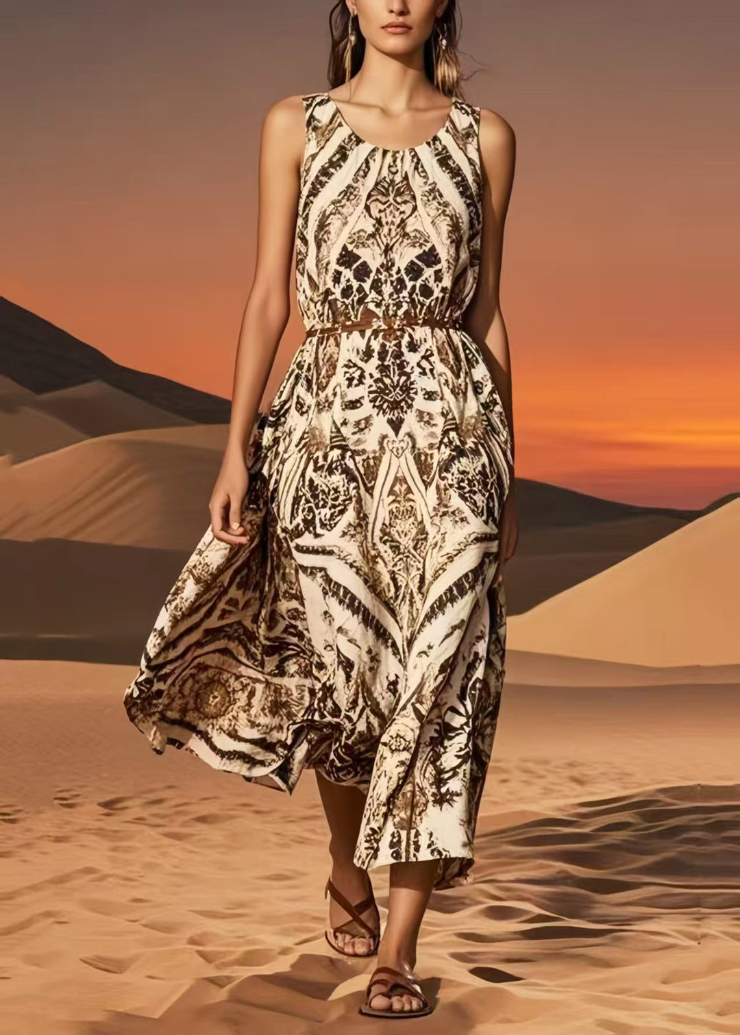Vintage Brown O-Neck Print Cotton Sundress Summer