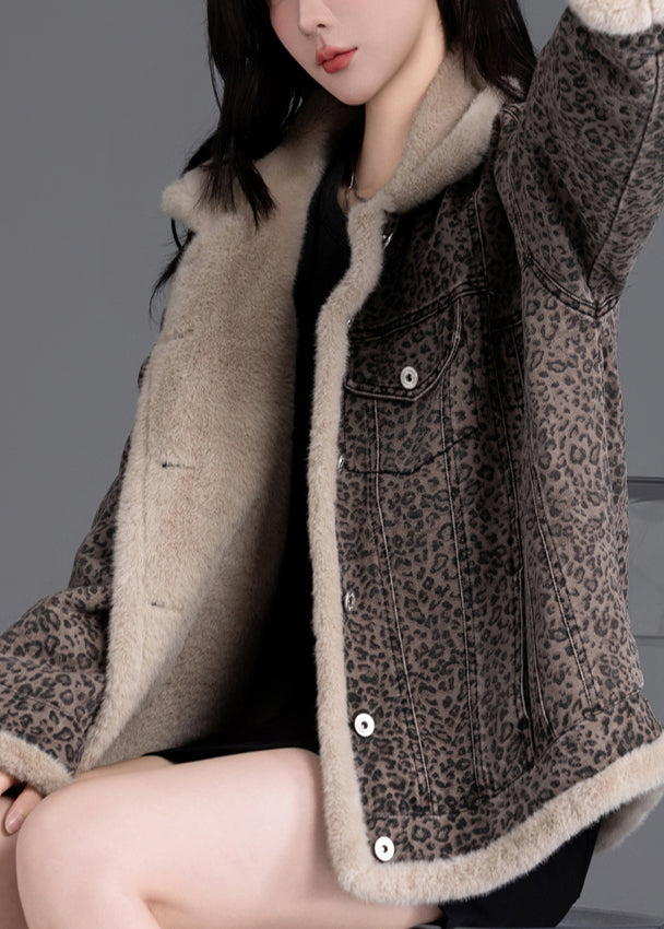 Vintage Brown Oversized Leopard Print Warm Fleece Jacket Winter