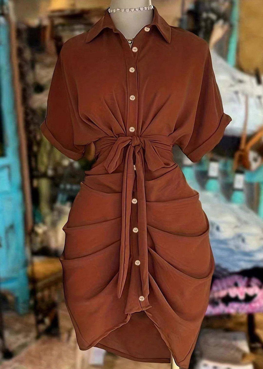 Vintage Brown Peter Pan Collar Wrinkled Tie Waist Cotton Dress Summer