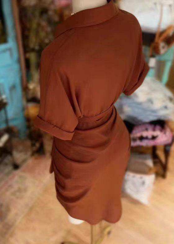 Vintage Brown Peter Pan Collar Wrinkled Tie Waist Cotton Dress Summer
