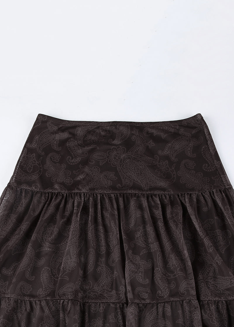 Vintage Brown Print High Waist Tulle Skirts Summer
