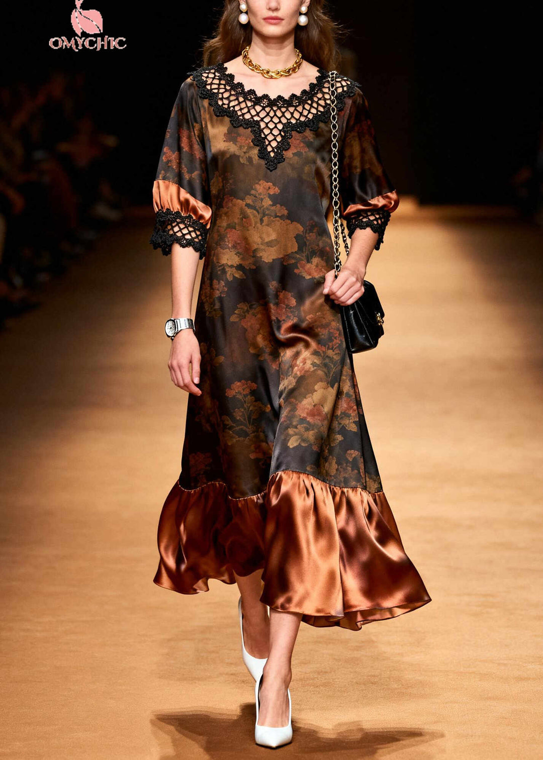Vintage Brown Print Patchwork Hollow Out Silk Long Dress Summer