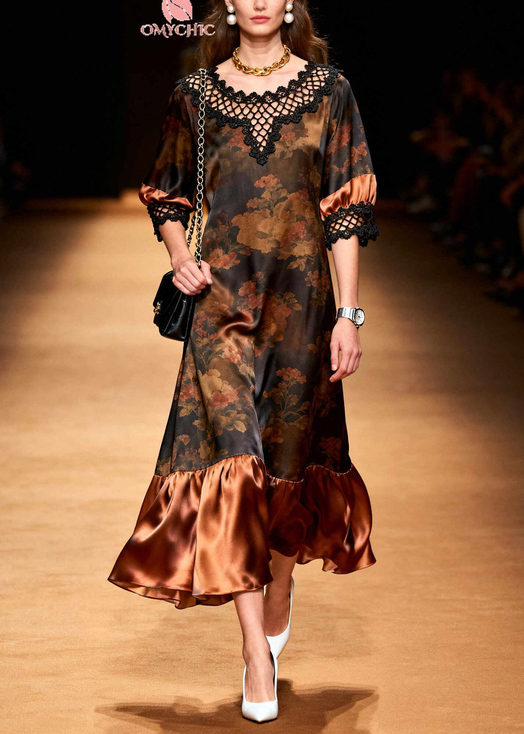 Vintage Brown Print Patchwork Hollow Out Silk Long Dress Summer