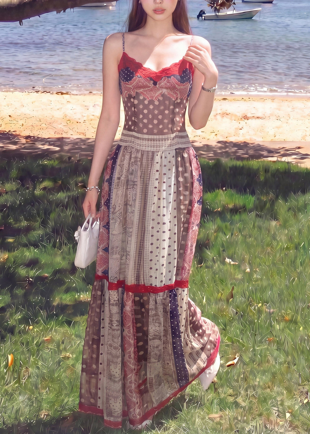 Vintage Brown Print Silm Fit Cotton Spaghetti Strap Dress Summer