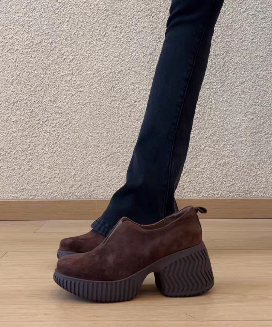 Vintage Brown Round Toe Faux Suede Chunky High Heels