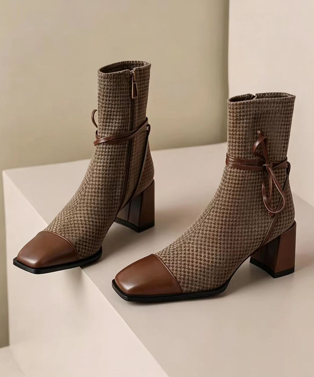 Vintage Brown Splicing Houndstooth Chunky Ankle Boots