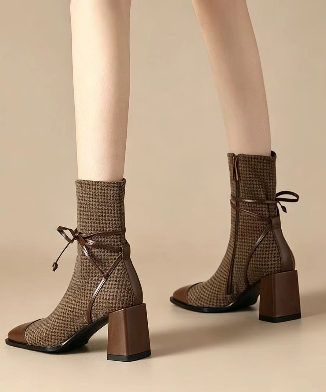 Vintage Brown Splicing Houndstooth Chunky Ankle Boots