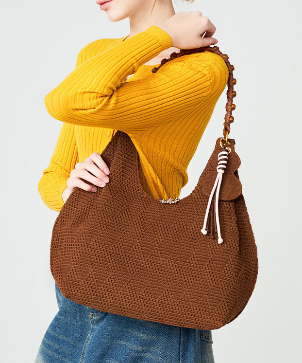 Vintage Brown Tasseled Nail Bead Cotton Shoulder Bags