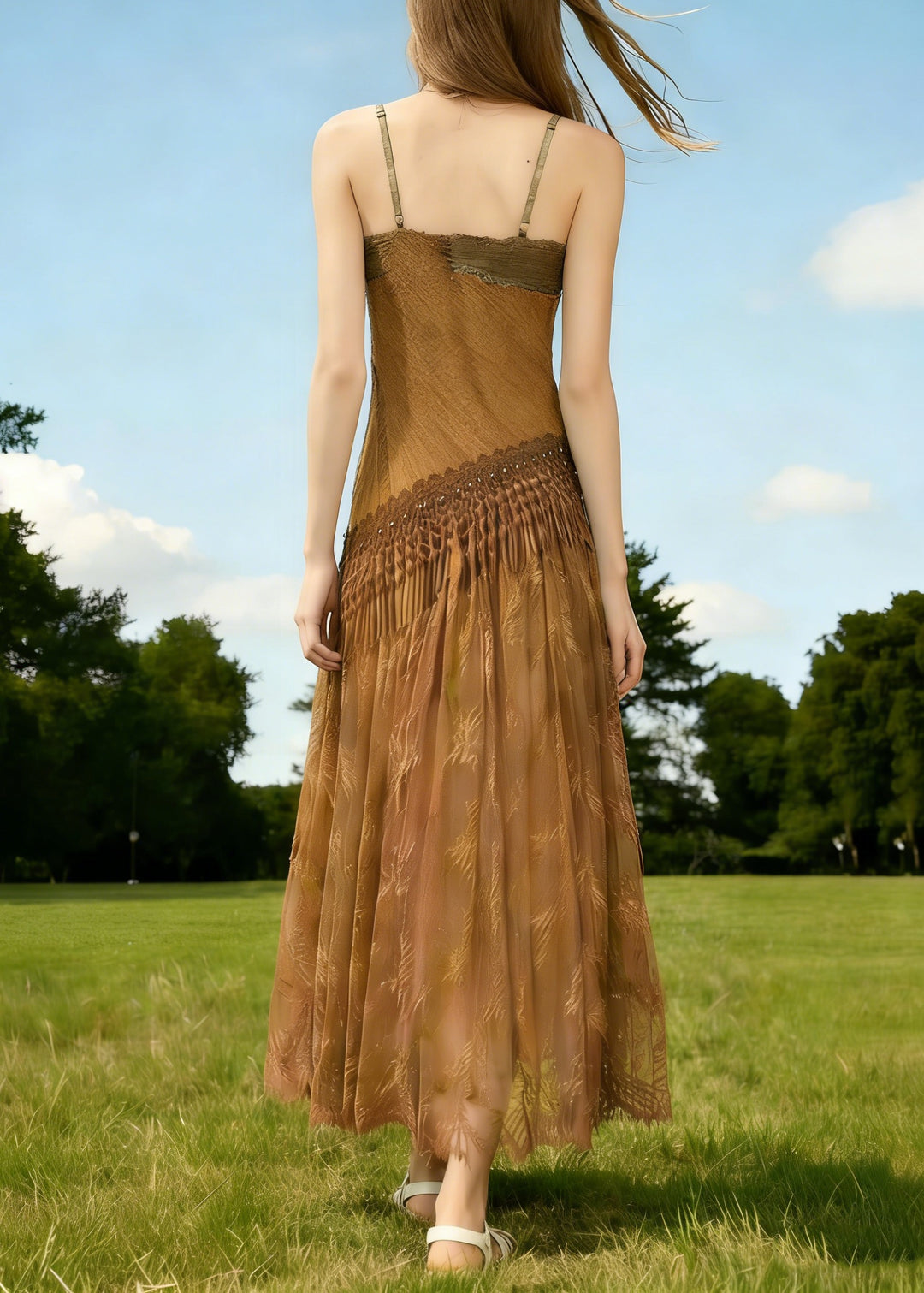 Vintage Brown Tasseled Wrinkled Patchwork Spaghetti Strap Dress Sleeveless - Omychic
