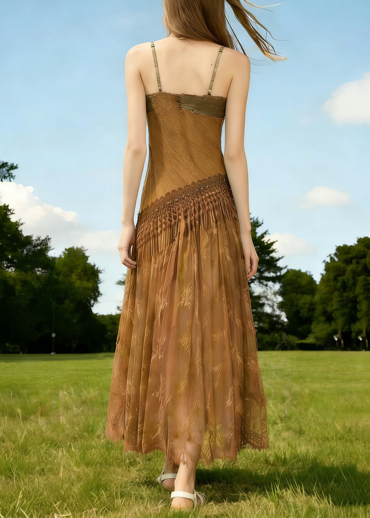 Vintage Brown Tasseled Wrinkled Patchwork Spaghetti Strap Dress Sleeveless - Omychic