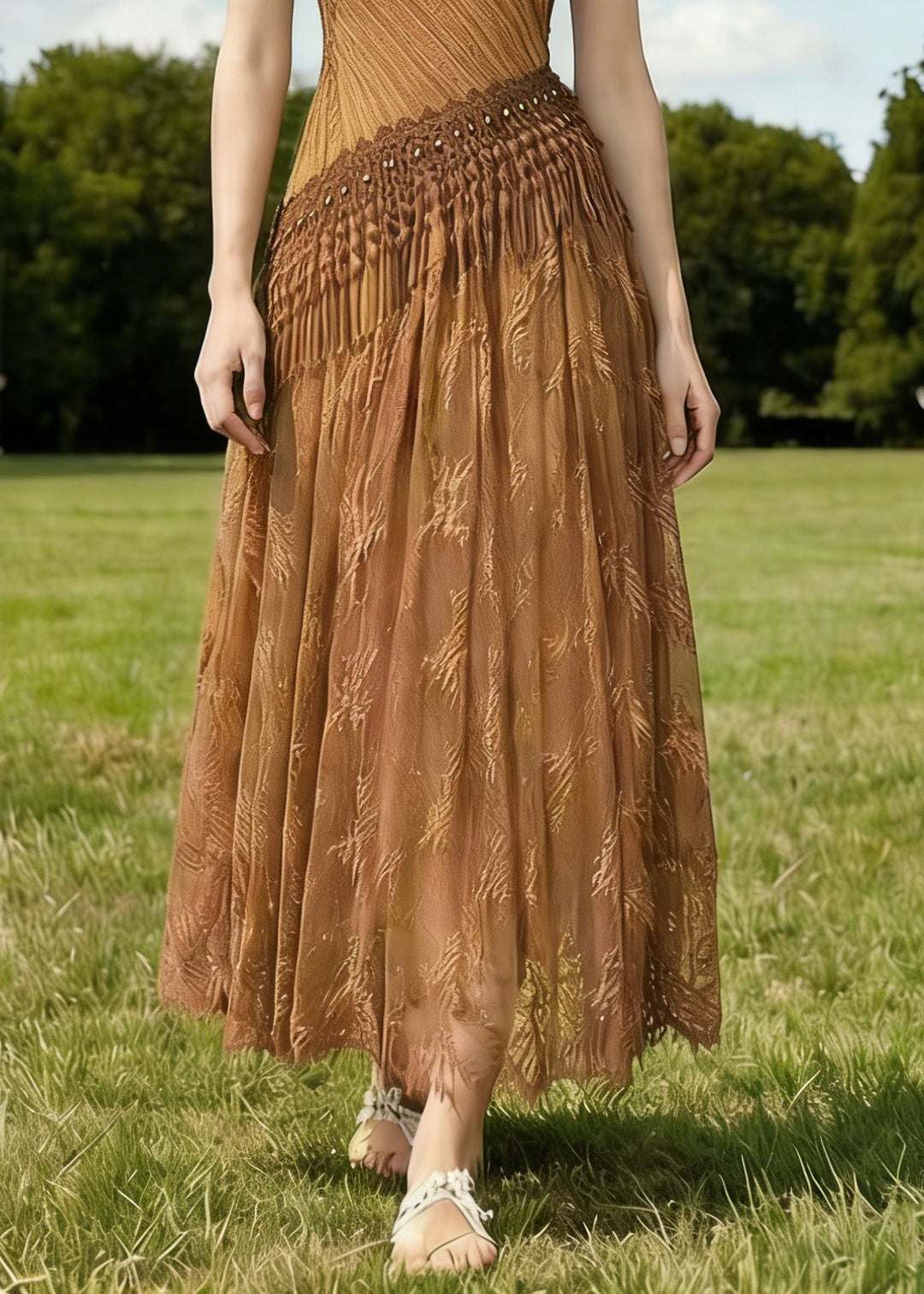 Vintage Brown Tasseled Wrinkled Patchwork Spaghetti Strap Dress Sleeveless - Omychic