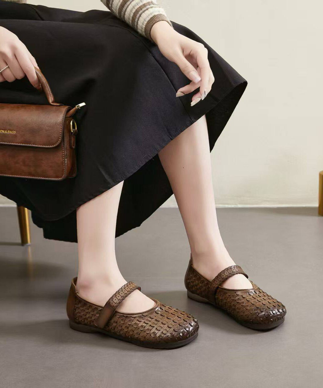 Vintage Buckle Strap Flat Shoes Brown Faux Leather