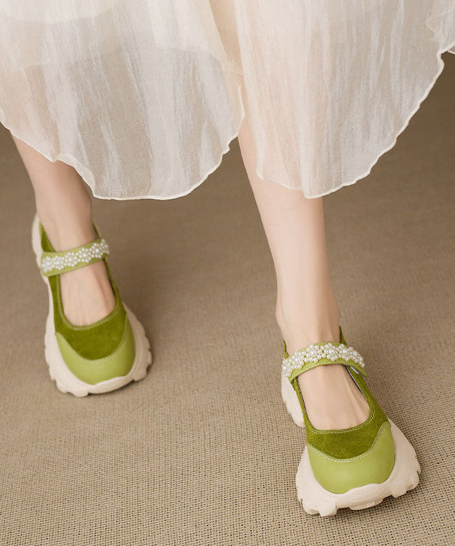 Vintage Buckle Strap Platform Flat Feet Shoes Grass Green Cowhide Leather