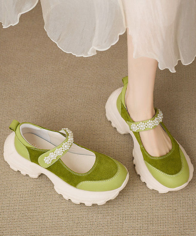 Vintage Buckle Strap Platform Flat Feet Shoes Grass Green Cowhide Leather