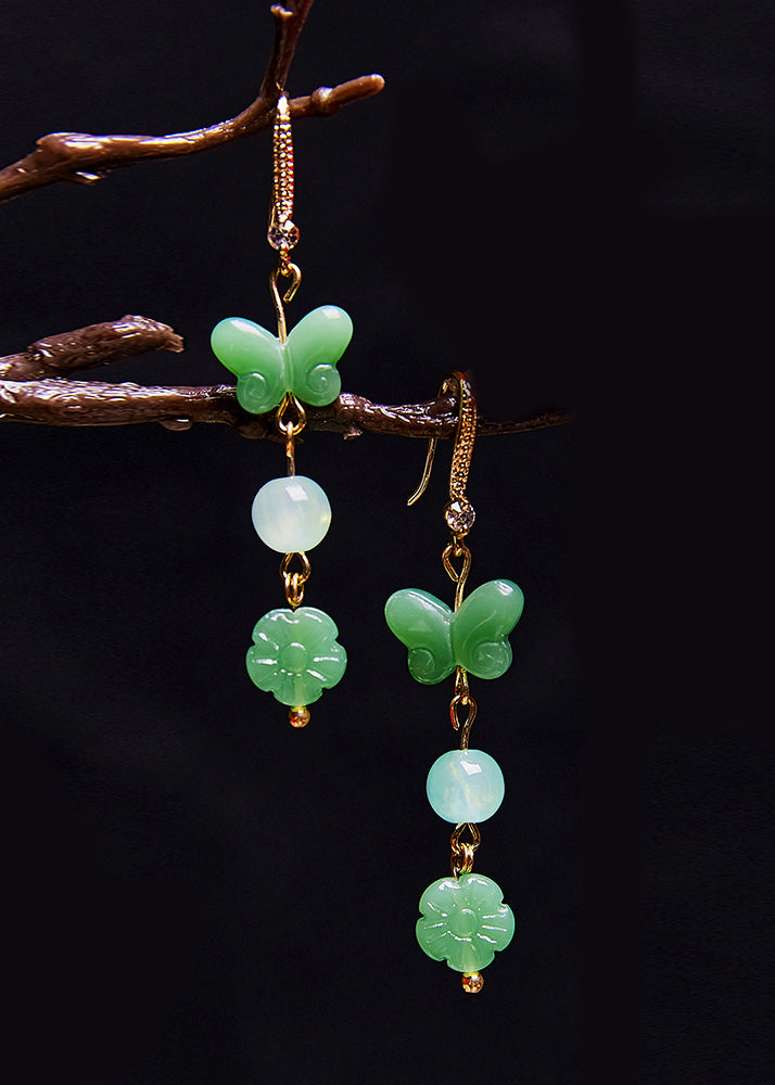 Vintage Butterfly Jade Zircon Drop Earrings