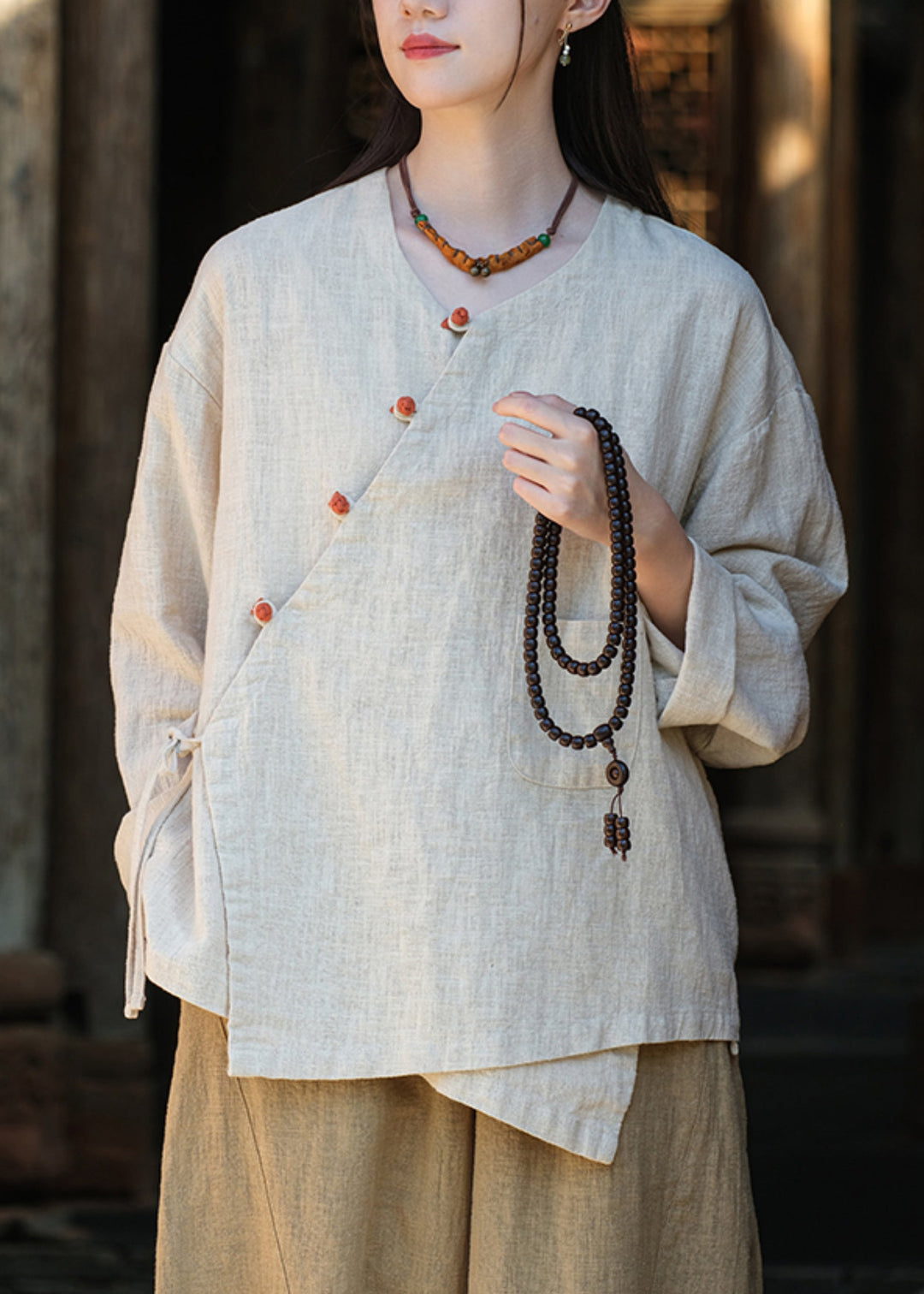 Vintage Button Lace Up Asymmetrical Cotton Blouse Tops Fall