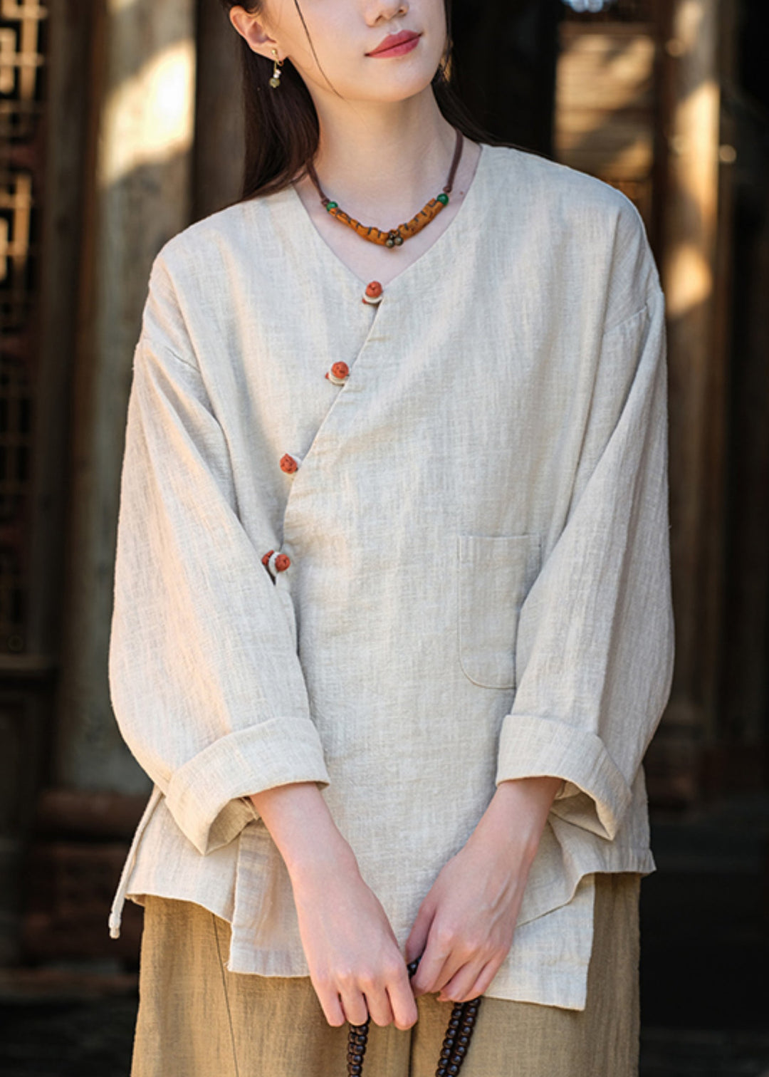 Vintage Button Lace Up Asymmetrical Cotton Blouse Tops Fall
