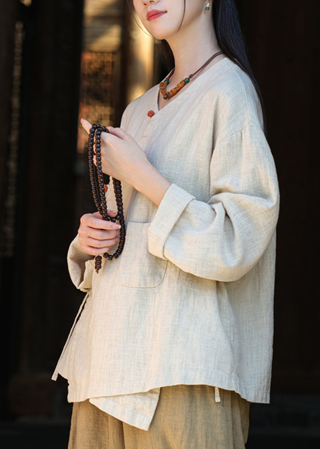 Vintage Button Lace Up Asymmetrical Cotton Blouse Tops Fall
