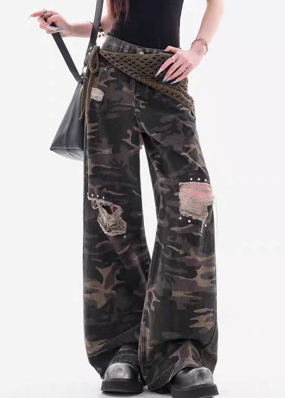 Vintage Camouflage Hole Pockets Patchwork Denim Pants Fall