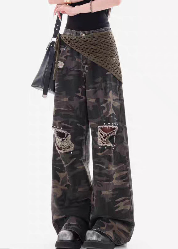Vintage Camouflage Hole Pockets Patchwork Denim Pants Fall