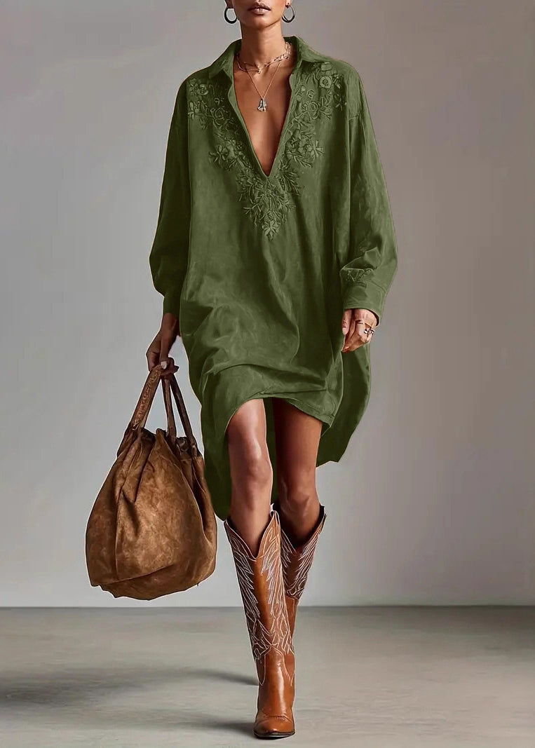 Vintage Caramel Peter Pan Collar Embroidered Faux Suede Shirts Dress Spring