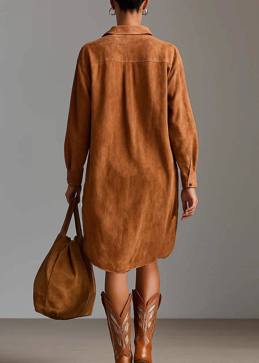 Vintage Caramel Peter Pan Collar Embroidered Faux Suede Shirts Dress Spring