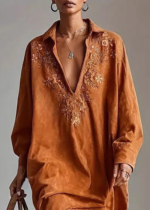 Vintage Caramel Peter Pan Collar Embroidered Faux Suede Shirts Dress Spring