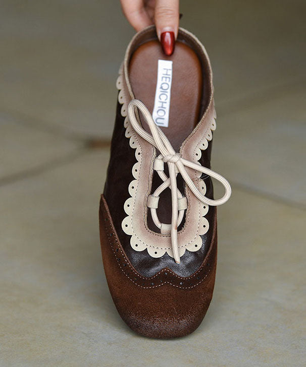 Vintage Chocolate Flat Embossed Lace Up Cowhide Leather Slippers