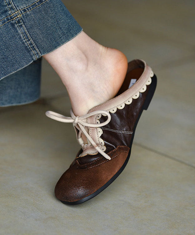 Vintage Chocolate Flat Embossed Lace Up Cowhide Leather Slippers