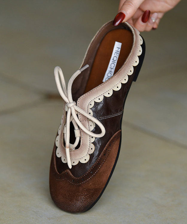 Vintage Chocolate Flat Embossed Lace Up Cowhide Leather Slippers