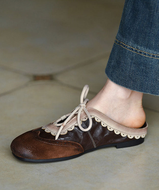 Vintage Chocolate Flat Embossed Lace Up Cowhide Leather Slippers