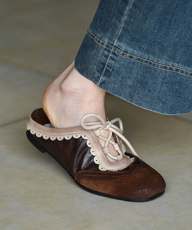 Vintage Chocolate Flat Embossed Lace Up Cowhide Leather Slippers