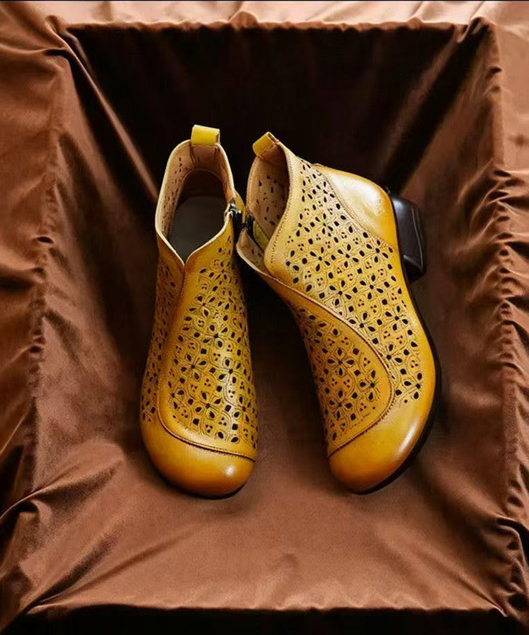 Vintage Chocolate Hollow Out Side Zipper Cowhide Leather Low Heel Ankle Boots