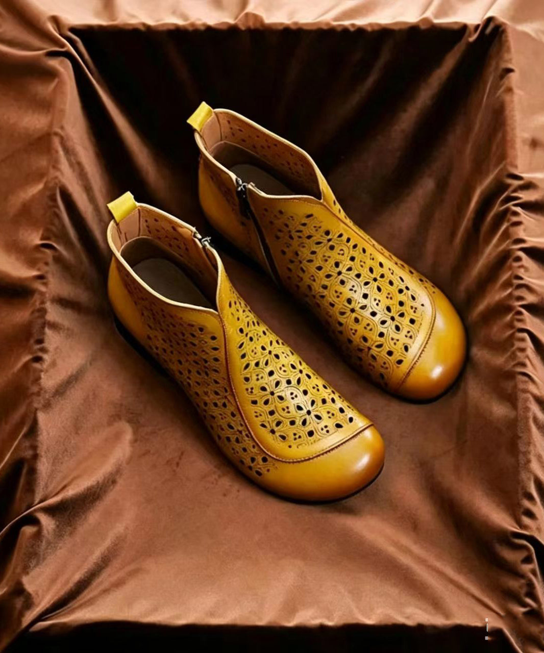 Vintage Chocolate Hollow Out Side Zipper Cowhide Leather Low Heel Ankle Boots
