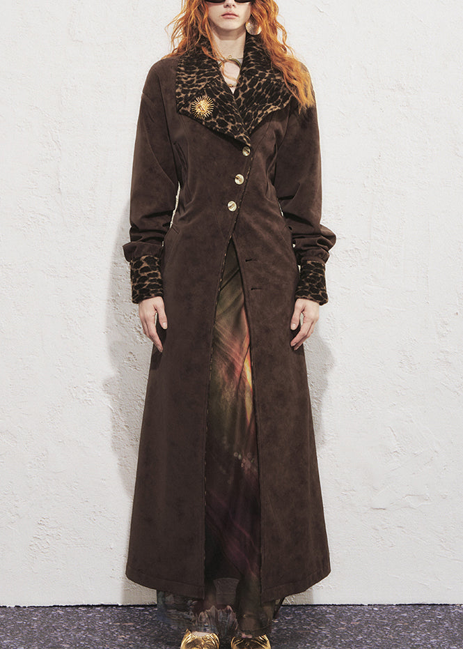 Vintage Chocolate Leopard Tie Waist Faux Suede Long?Trench?Coat Winter
