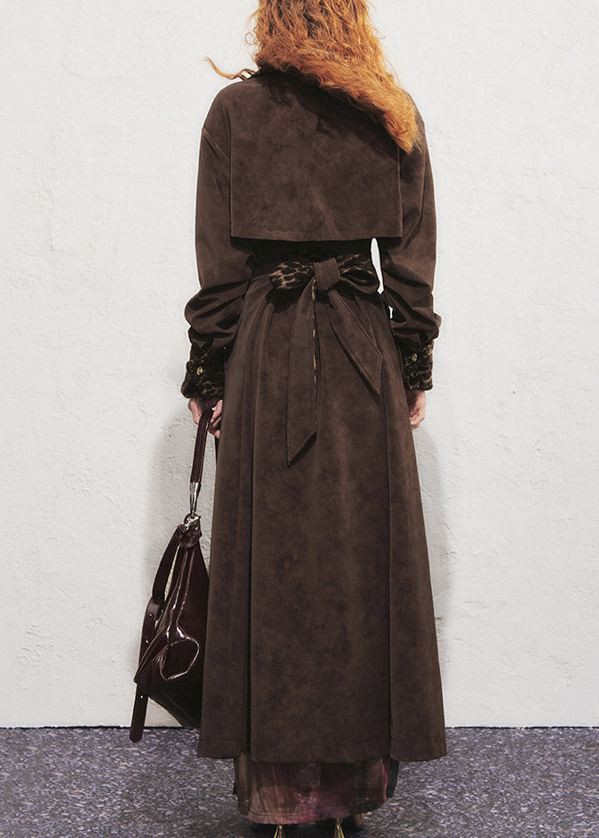 Vintage Chocolate Leopard Tie Waist Faux Suede Long?Trench?Coat Winter