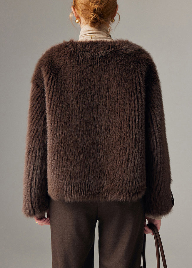 Vintage Chocolate O Neck Button Leather And Fur Coats Winter