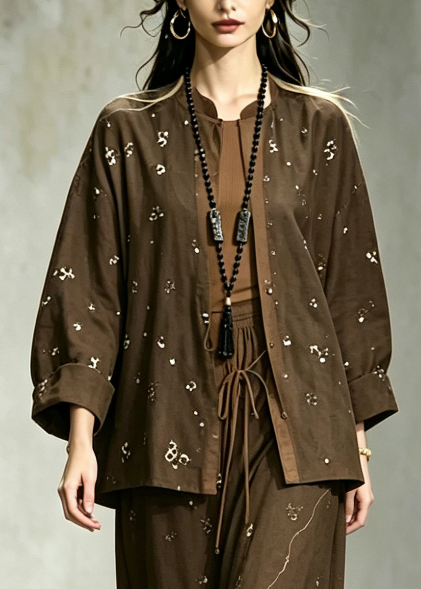 Vintage Chocolate Sequins Cotton Two Pieces Set Fall
