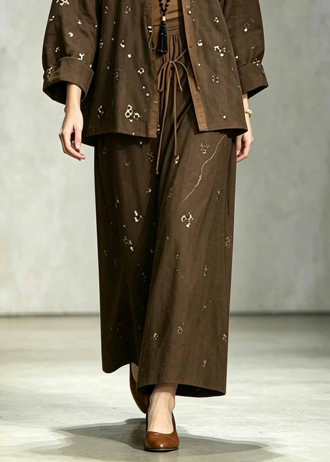 Vintage Chocolate Sequins Cotton Two Pieces Set Fall