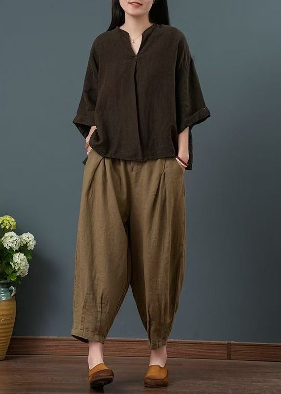 Vintage Chocolate V Neck Linen Two Pieces Set Summer