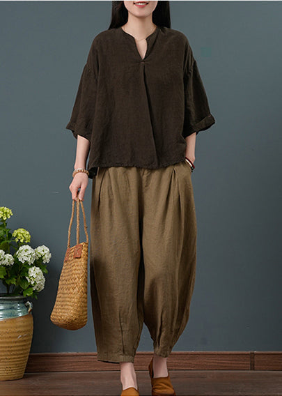 Vintage Chocolate V Neck Linen Two Pieces Set Summer