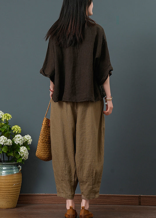 Vintage Chocolate V Neck Linen Two Pieces Set Summer