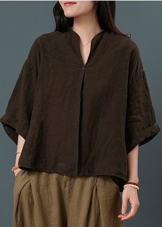 Vintage Chocolate V Neck Linen Two Pieces Set Summer