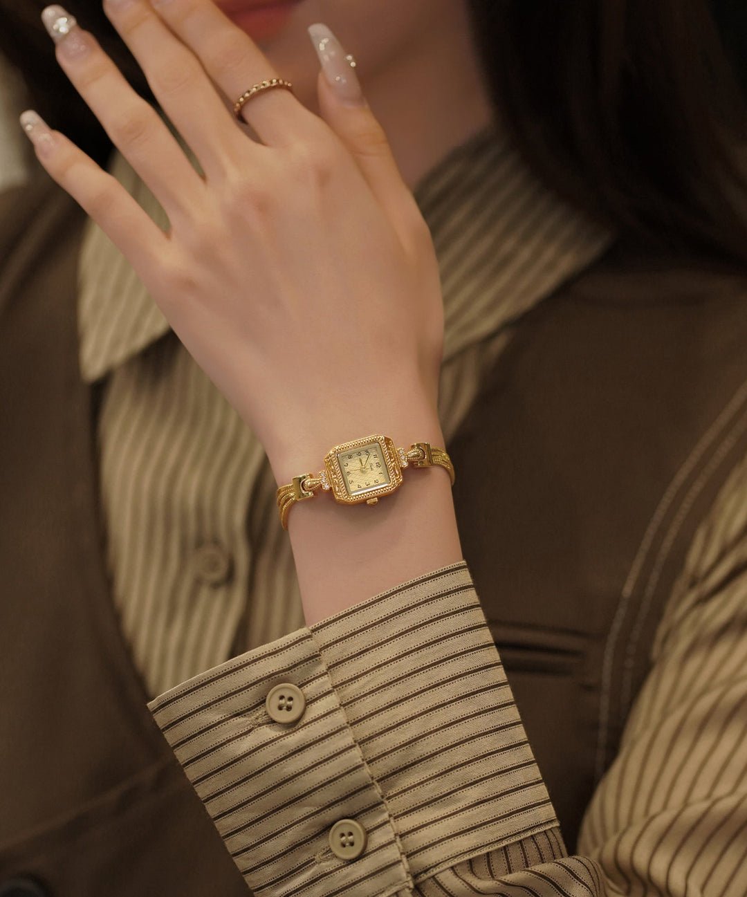 Vintage Coffee Alloy Zircon Tempered Glass Patchwork Chain Watches