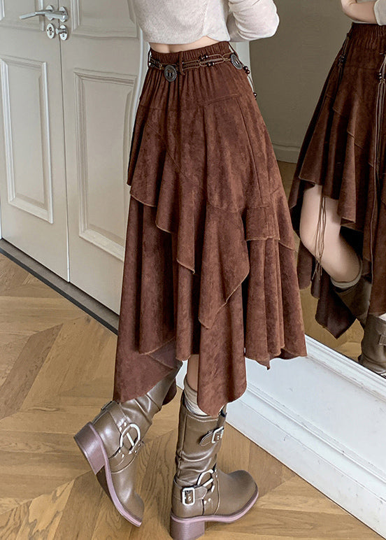 Vintage Coffee Asymmetrical Wrinkled Faux Suede Skirt Fall